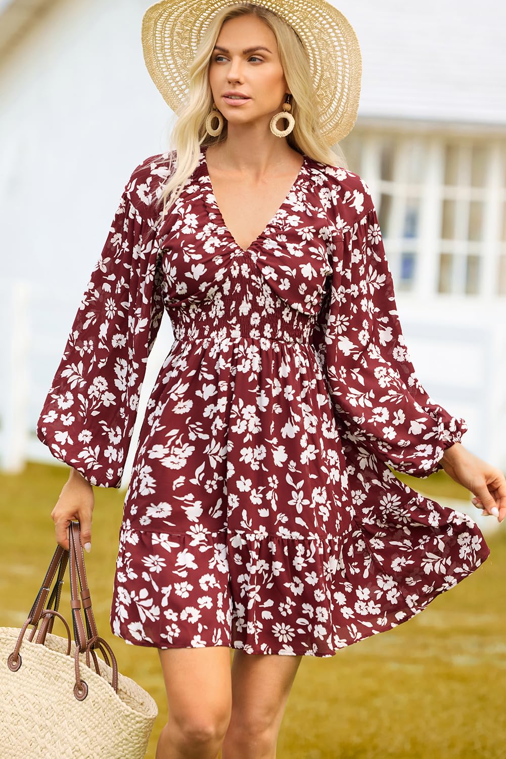 Dokotoo Fall Dresses for Women 2025 Boho Floral V Neck Long Sleeve Smocked Elastic Waist Casual A-Line Mini Dress Sundress