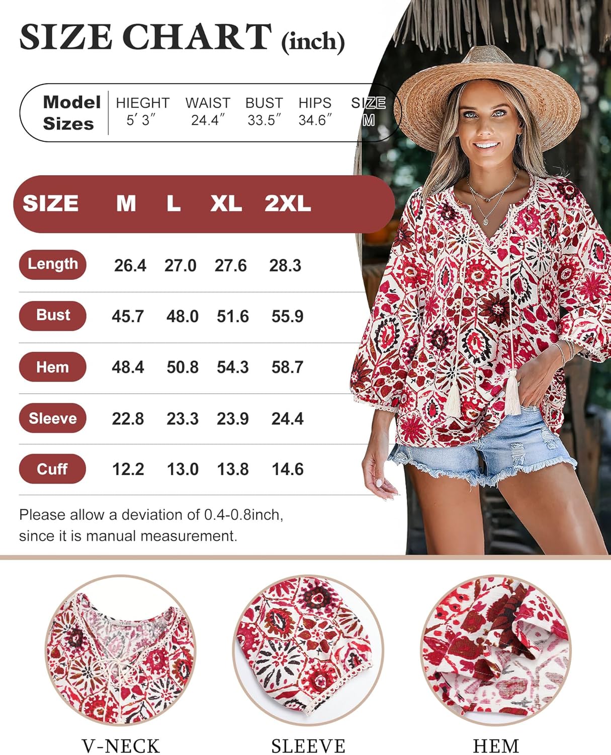 Vivilli Womens Boho Tops Casual V Neck 3/4 Sleeve Blouses Floral Print Shirt Tie Front Flowy Vacation Clothes