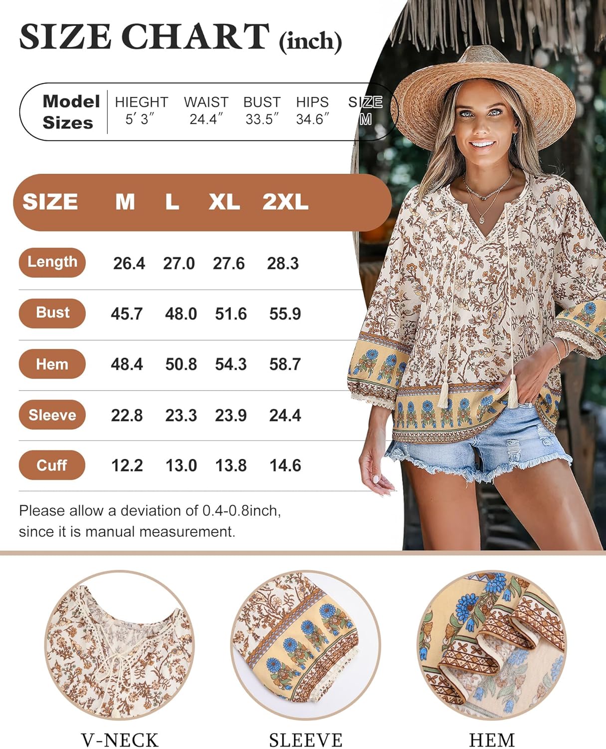 Vivilli Womens Boho Tops Casual V Neck 3/4 Sleeve Blouses Floral Print Shirt Tie Front Flowy Vacation Clothes