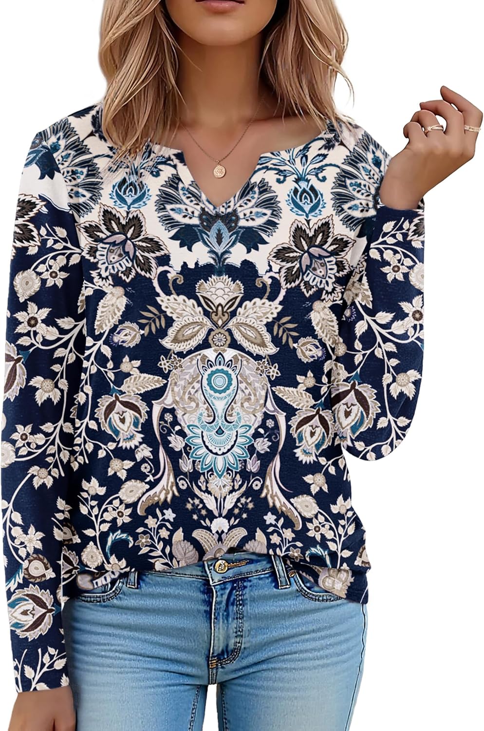 Zeagoo Boho Tops for Women Long Sleeve V Neck Fall Shirt Casual Dressy Blouse Tunic Business Work Clothes School Outfits