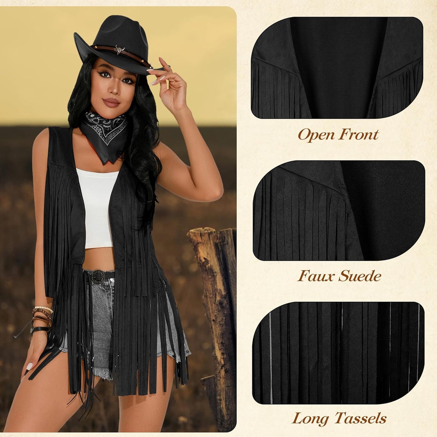 GERVAISE Womens Western Cowgirl Costume 70s Hippie Tassels Fringe Vest outfit Hat 5pcs