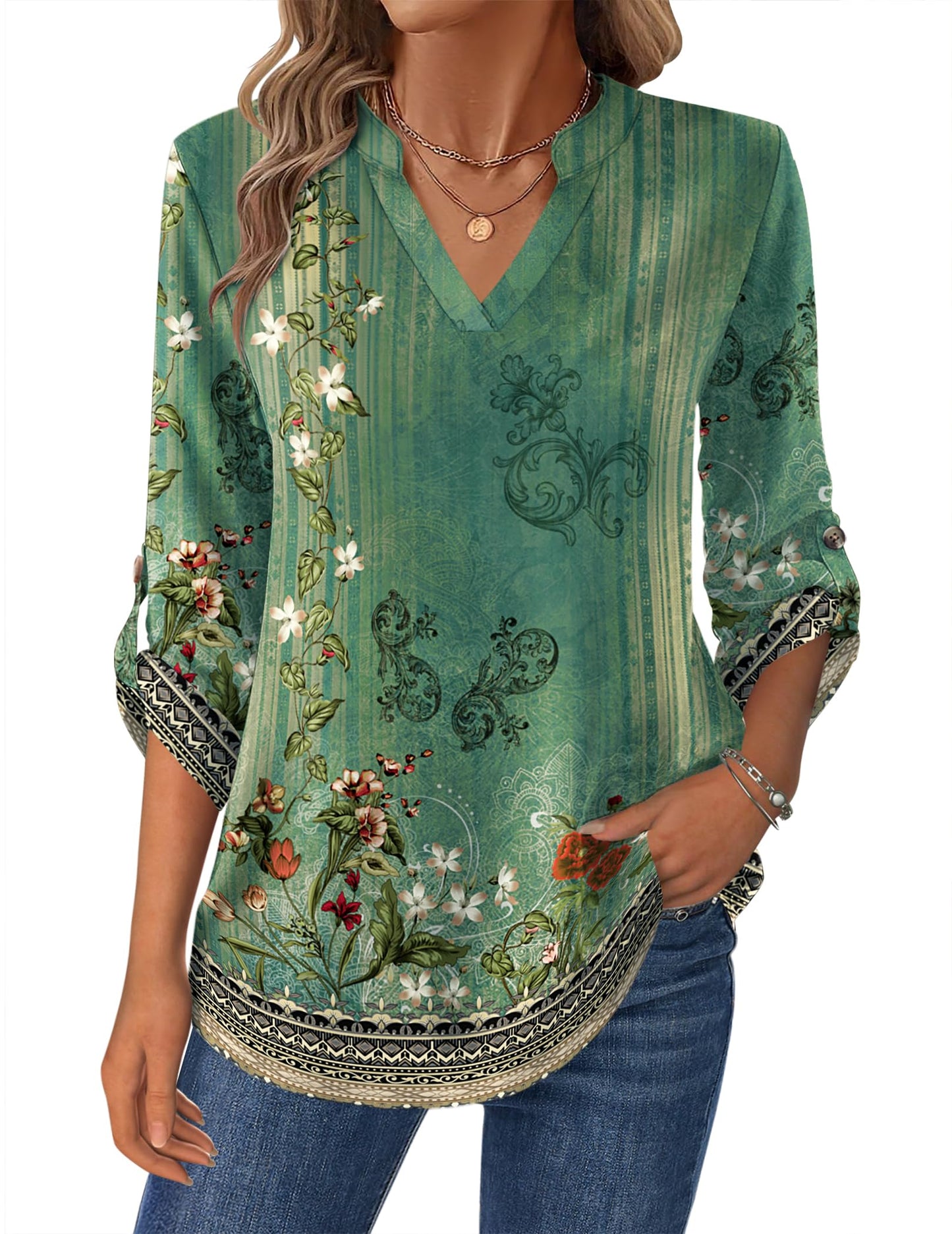 Zeagoo Womens Roll Up Long Sleeve Tops V Neck Shirts Dressy Casual Work Blouses S-2XL