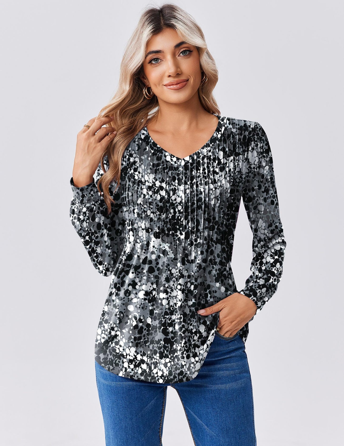 Zeagoo Long Sleeve Shirts for Women Casual V Neck Top Pleated Floral Boho Blouses 2025 Fall Tunics