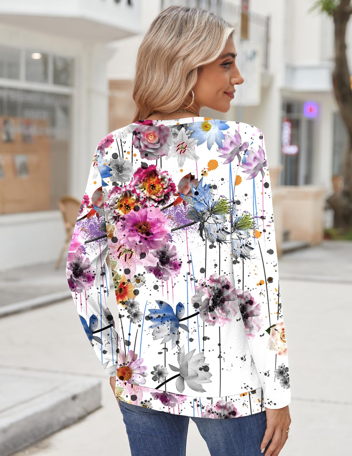 Zeagoo Womens Tops 2025 Long Sleeve Shirts for Fall Round Neck Blouses Floral Tunic Tops with Buttons Decor