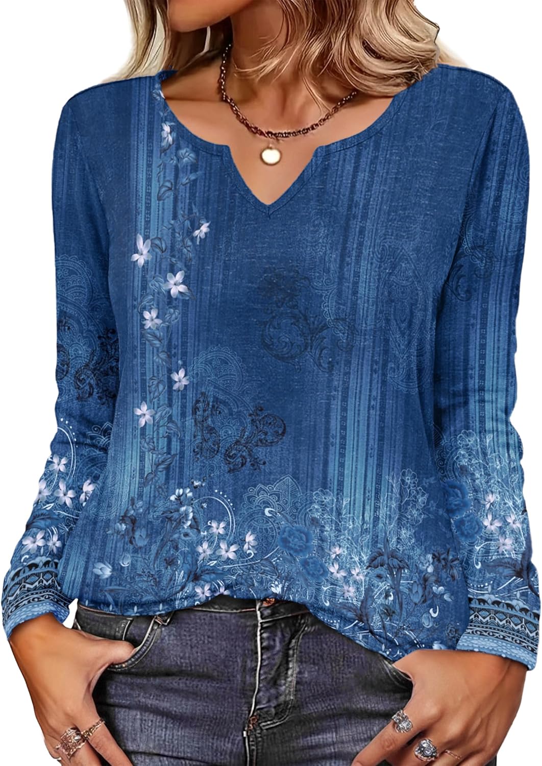 Zeagoo Boho Tops for Women Long Sleeve V Neck Fall Shirt Casual Dressy Blouse Tunic Business Work Clothes School Outfits