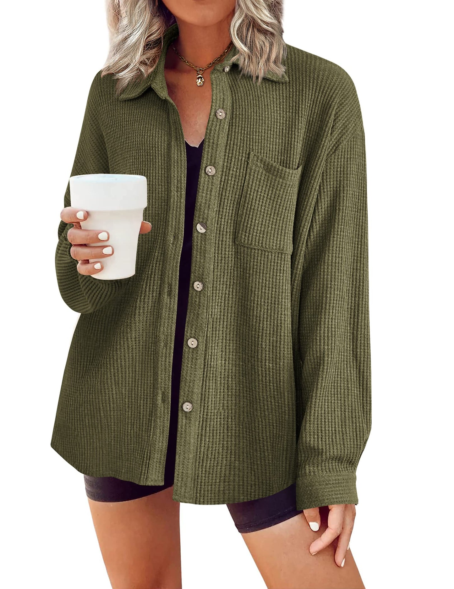 HOTOUCH Waffle Button Down Shirts for Women Dressy Casual Work Shacket V Neck Long Sleeve Lightweight Tops with Pocket