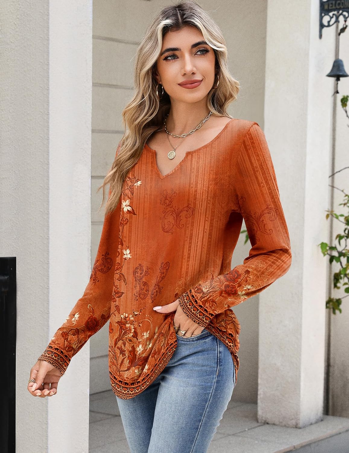 Zeagoo Boho Tops for Women Long Sleeve V Neck Fall Shirt Casual Dressy Blouse Tunic Business Work Clothes School Outfits