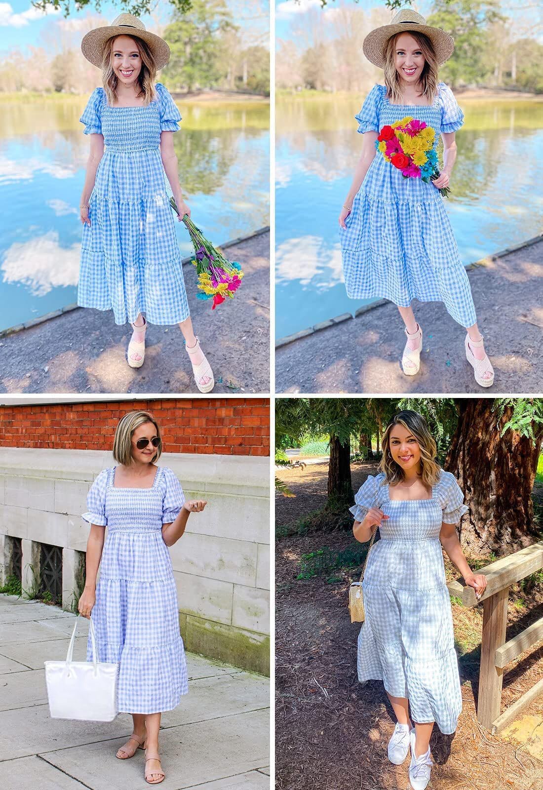 ZESICA Women's 2025 Bohemian Summer Plaid Square Neck Puff Sleeve Ruffle Flowy Beach Midi Dress