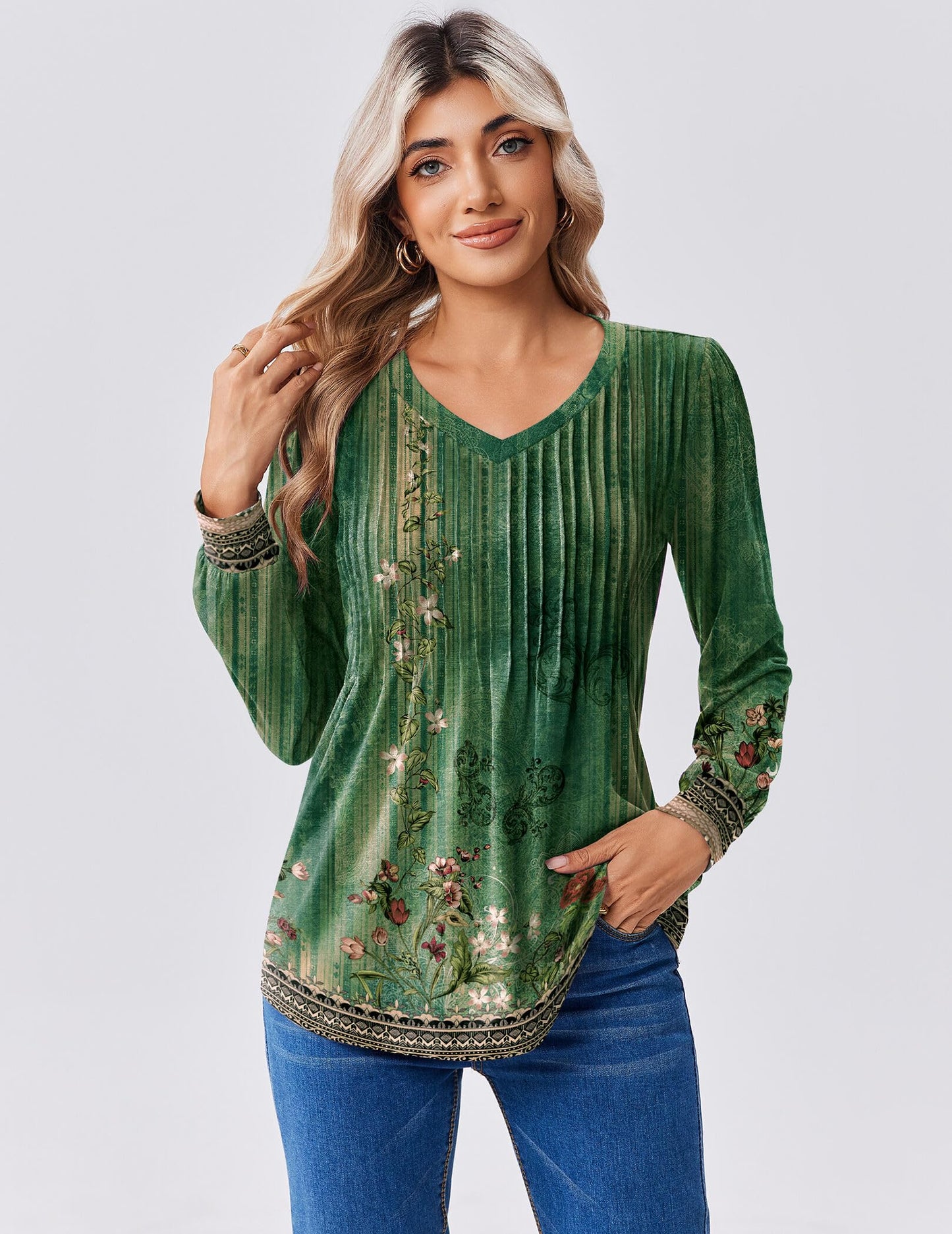 Zeagoo Long Sleeve Shirts for Women Casual V Neck Top Pleated Floral Boho Blouses 2025 Fall Tunics