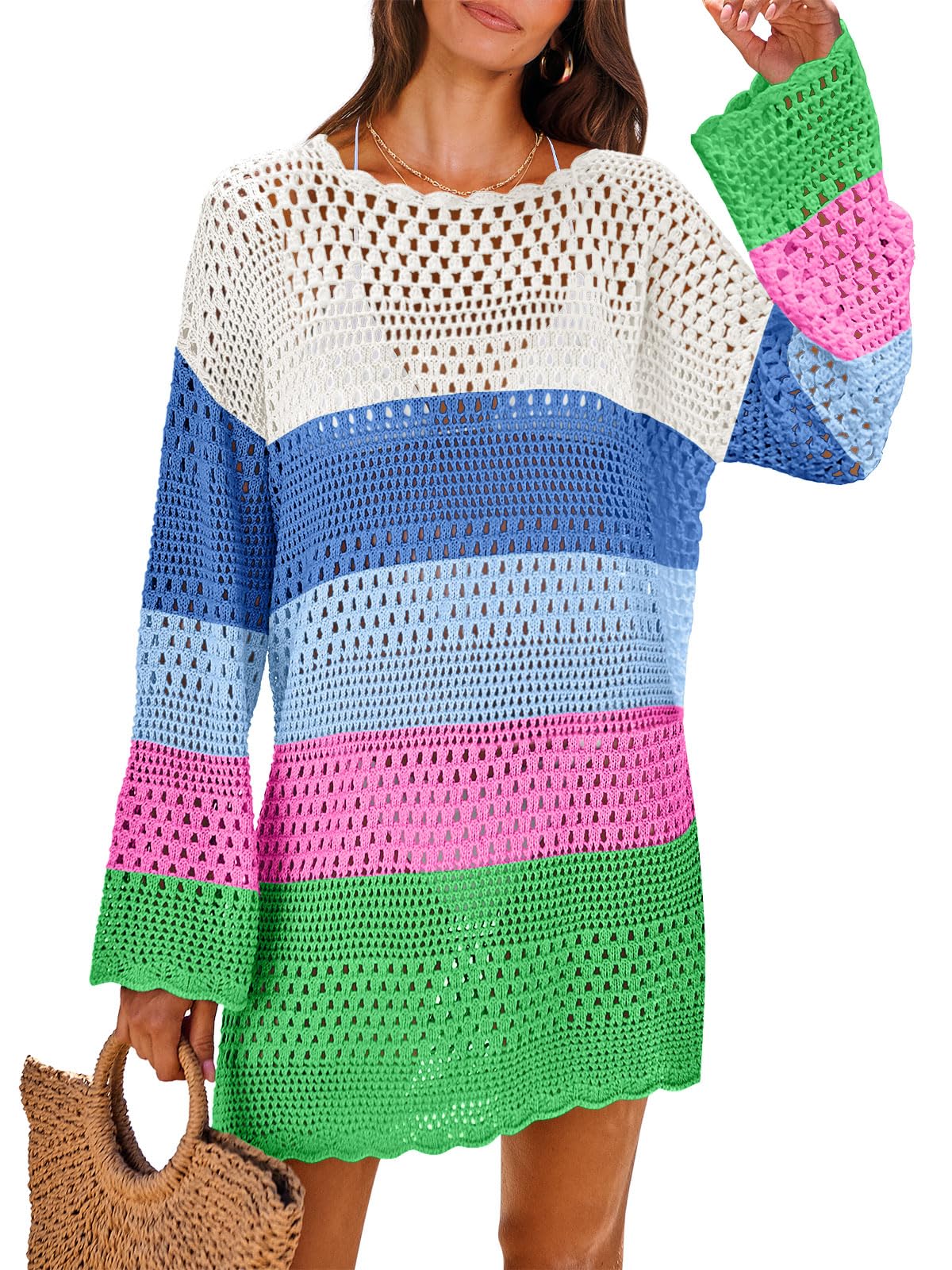 ANRABESS Women Swimsuit Crochet Swim Cover Up 2025 Summer Bathing Suit Swimwear Mesh Knit Beach Dress Vacation Outfits