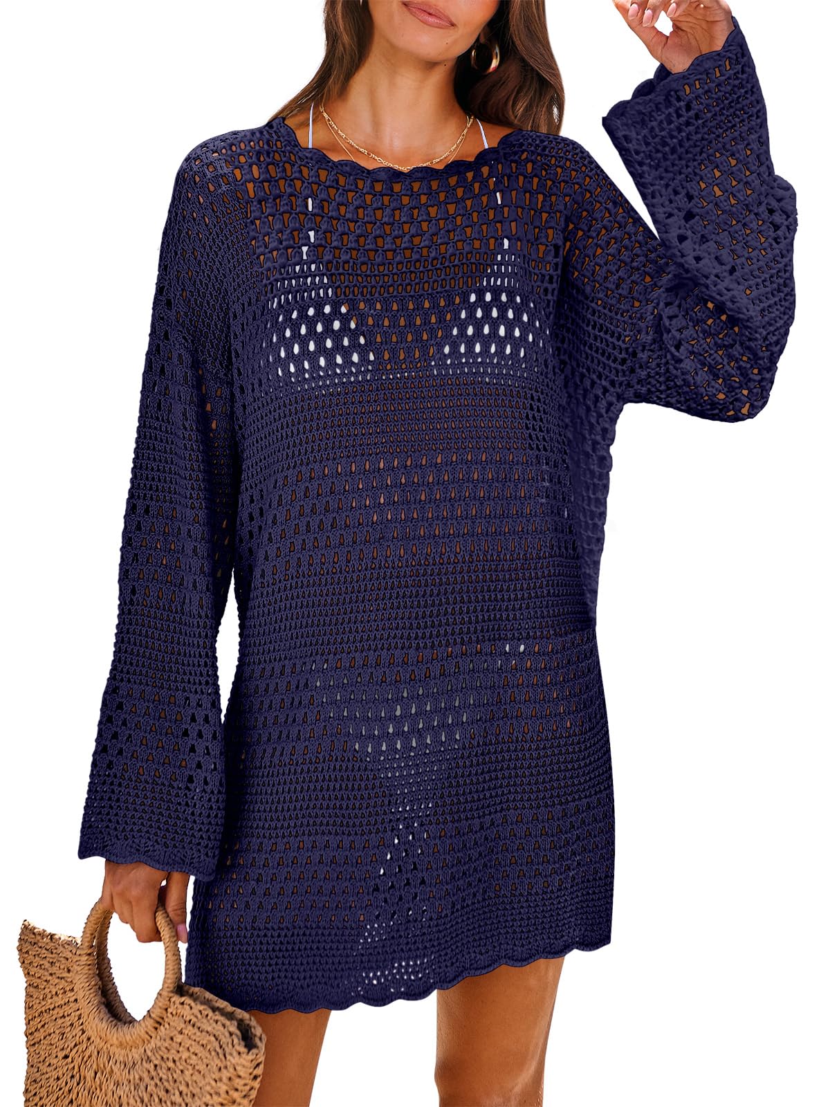 ANRABESS Women Swimsuit Crochet Swim Cover Up 2025 Summer Bathing Suit Swimwear Mesh Knit Beach Dress Vacation Outfits