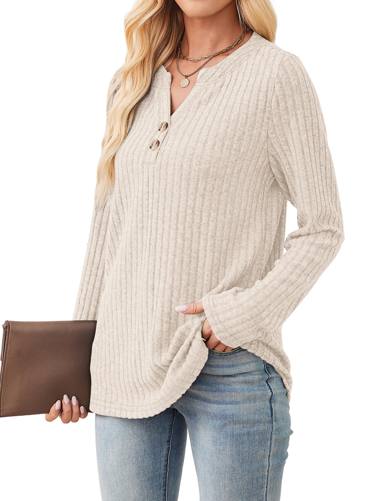SAMPEEL Womens Sweaters Lightweight Long Sleeve Shirts V Neck Tops with Button Fall Outfits 2025