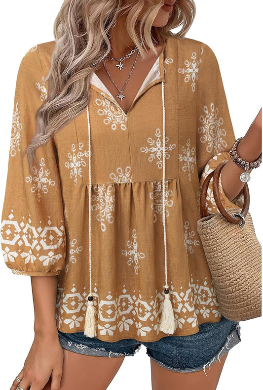 Vivilli Womens Summer Boho Babydoll Tops 3/4 Sleeve Pleated Peplum Peasant Blouses Casual V Neck Tie Front Fall Outfits