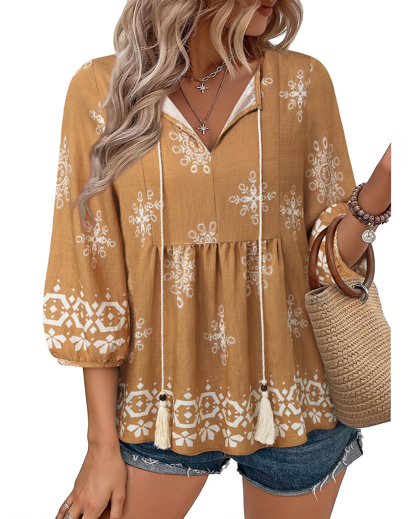 Vivilli Womens Summer Boho Babydoll Tops 3/4 Sleeve Pleated Peplum Peasant Blouses Casual V Neck Tie Front Fall Outfits