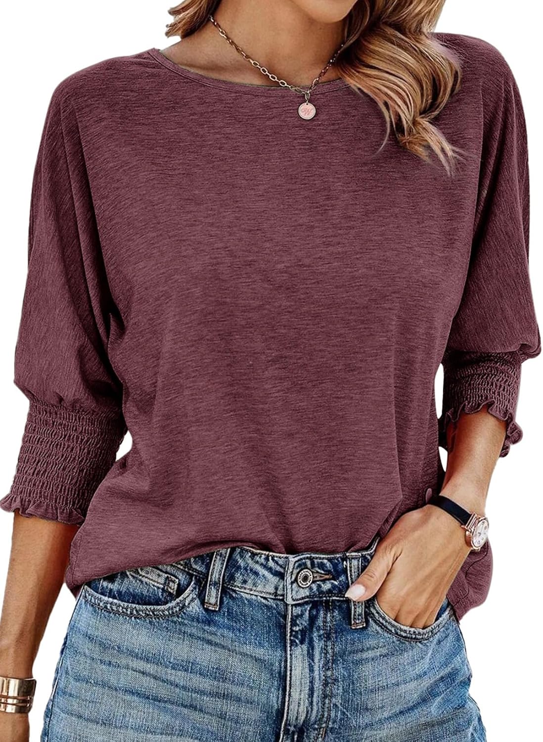 Dokotoo Women's 2025 Fashion Tops 3/4 Sleeve T-Shirts Cute Crewneck Basic Business Tees Blouses