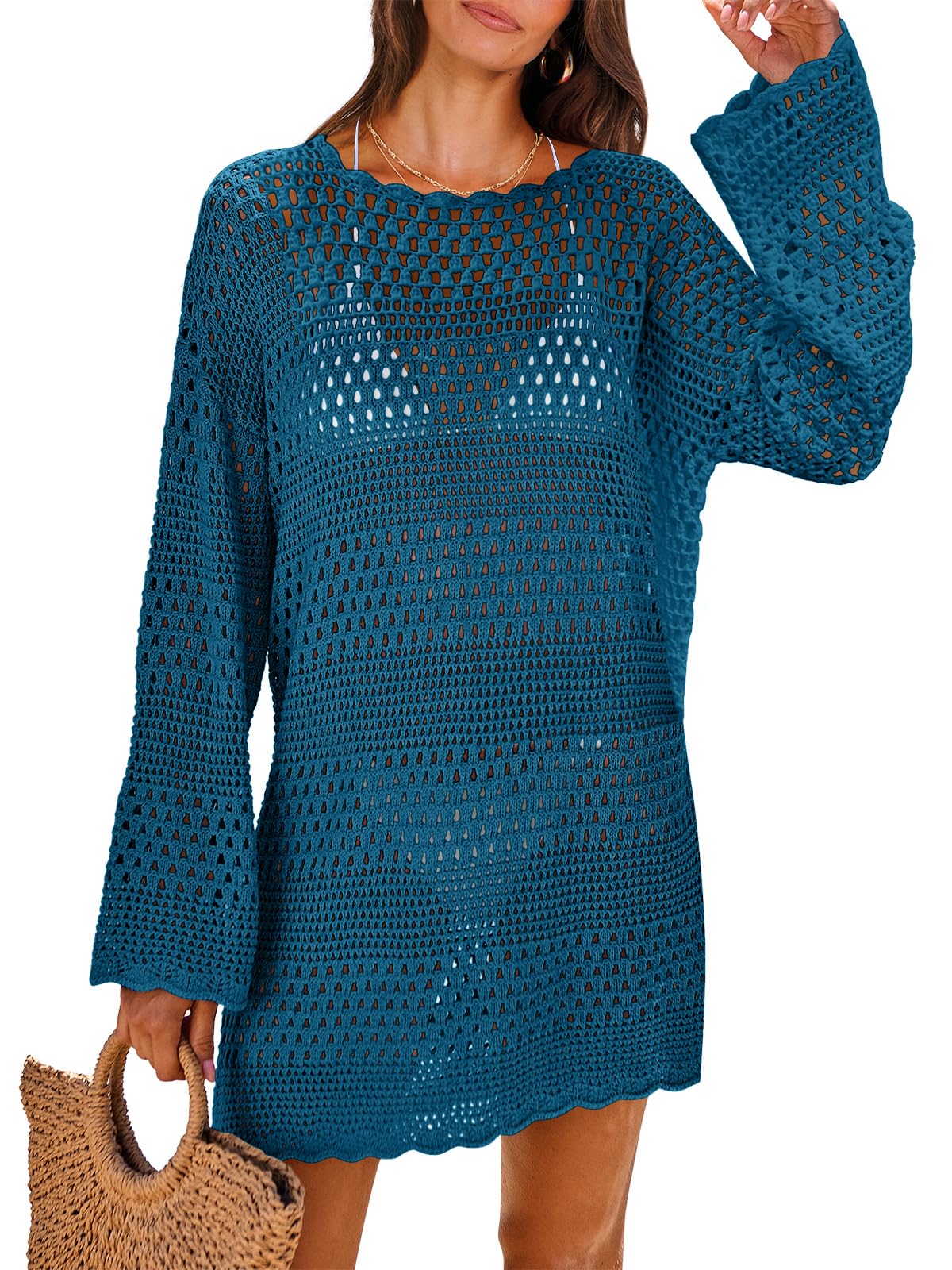 ANRABESS Women Swimsuit Crochet Swim Cover Up 2025 Summer Bathing Suit Swimwear Mesh Knit Beach Dress Vacation Outfits