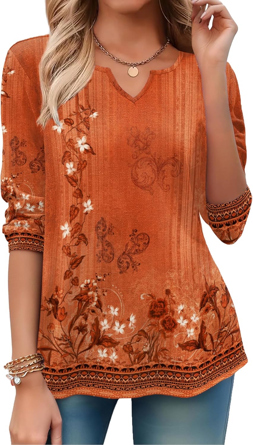 Zeagoo Boho Tops for Women Long Sleeve V Neck Fall Shirt Casual Dressy Blouse Tunic Business Work Clothes School Outfits