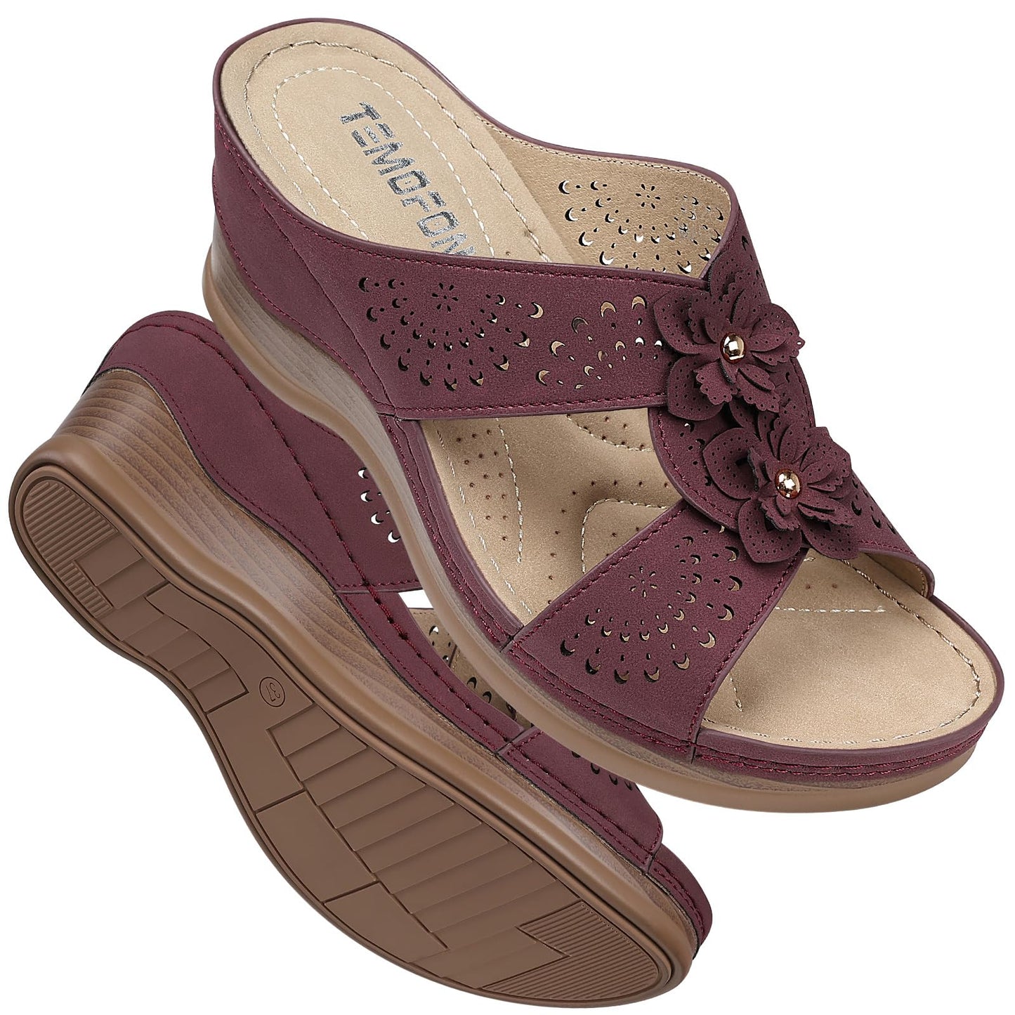 TEMOFON Womens Wedge Sandals Leather: Dressy Sandal, Rubber Sole, Comfortable Walking, Casual Slip on Summer Shoes, Size 5-11