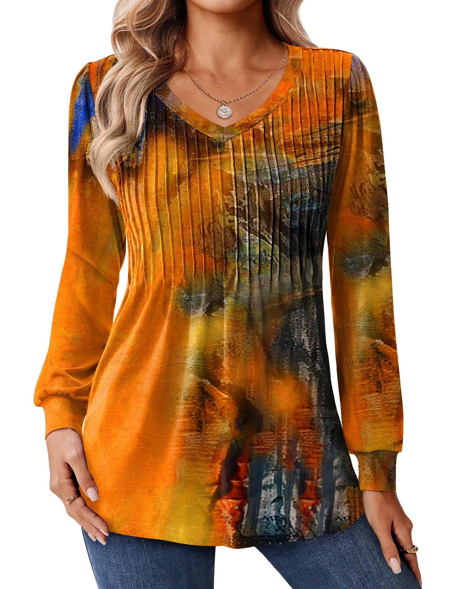 Zeagoo Long Sleeve Shirts for Women Casual V Neck Top Pleated Floral Boho Blouses 2025 Fall Tunics