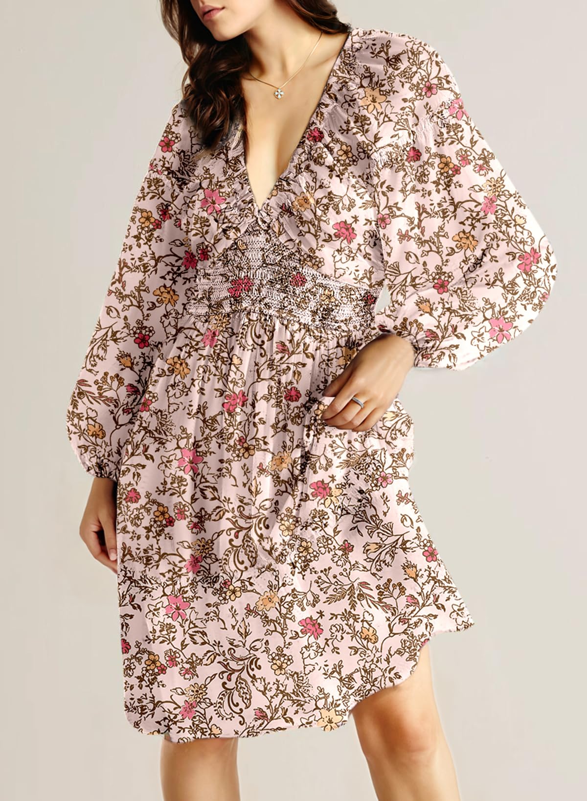 Dokotoo Fall Dresses for Women 2025 Boho Floral V Neck Long Sleeve Smocked Elastic Waist Casual A-Line Mini Dress Sundress
