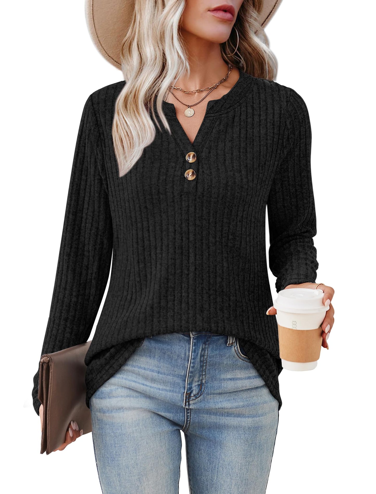 SAMPEEL Womens Sweaters Lightweight Long Sleeve Shirts V Neck Tops with Button Fall Outfits 2025