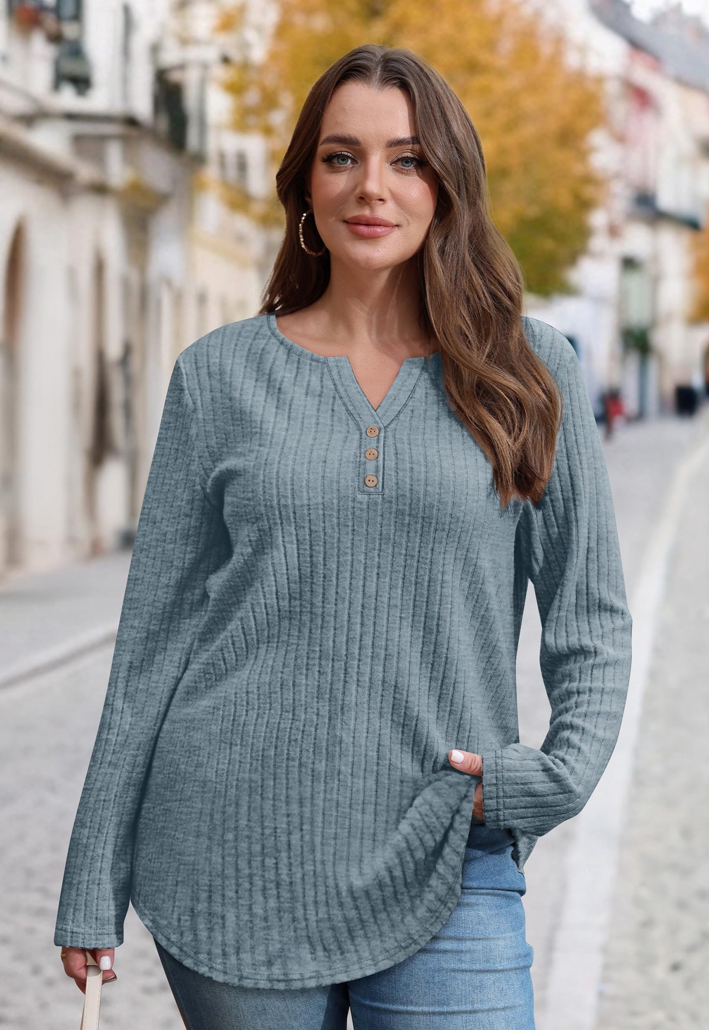 WIHOLL Sweaters for Women 2025 Long Sleeve Tops Fall Clothes Fashion Clothing V Neck Button Down Winter Thermal Shirts