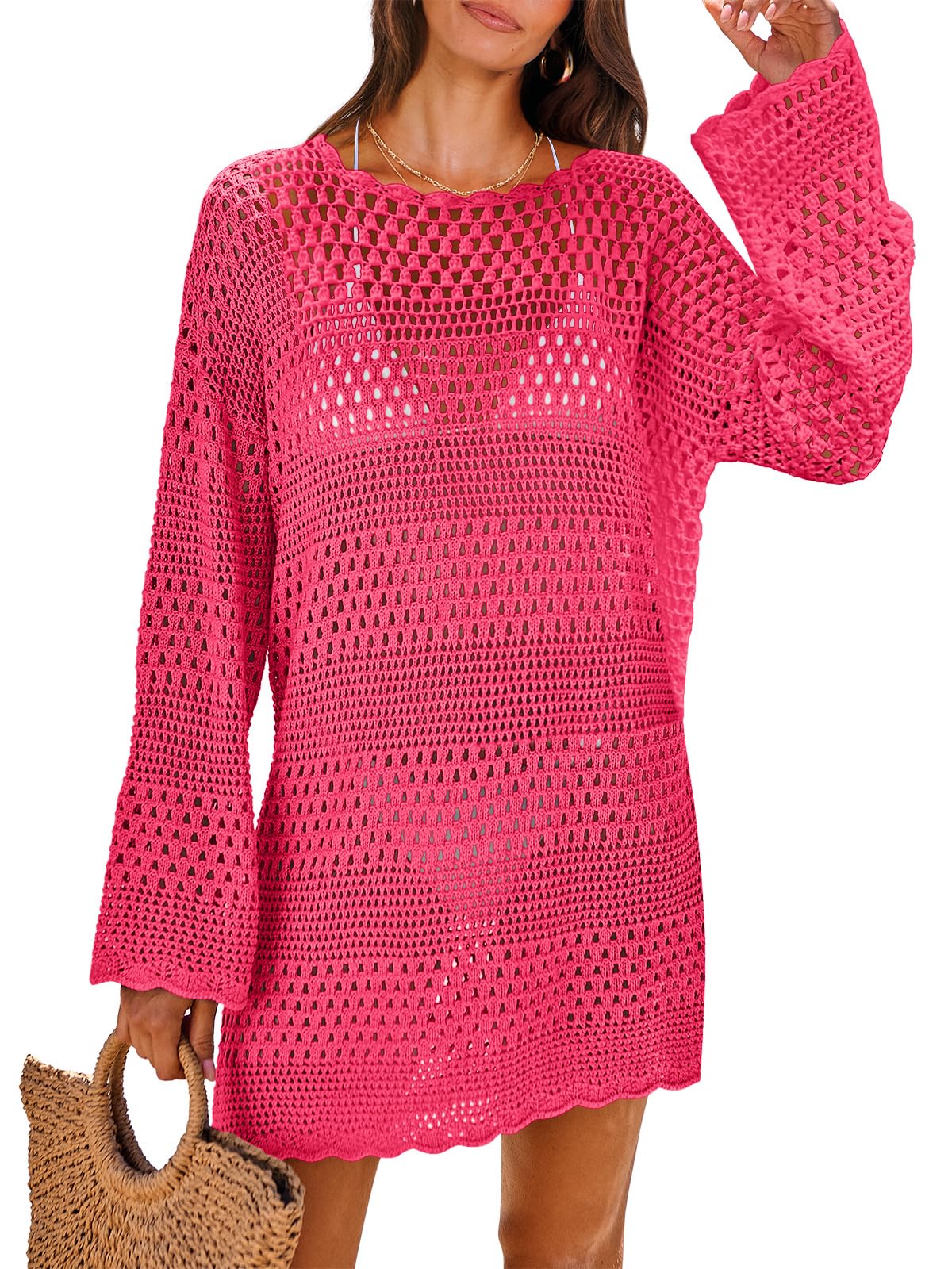 ANRABESS Women Swimsuit Crochet Swim Cover Up 2025 Summer Bathing Suit Swimwear Mesh Knit Beach Dress Vacation Outfits