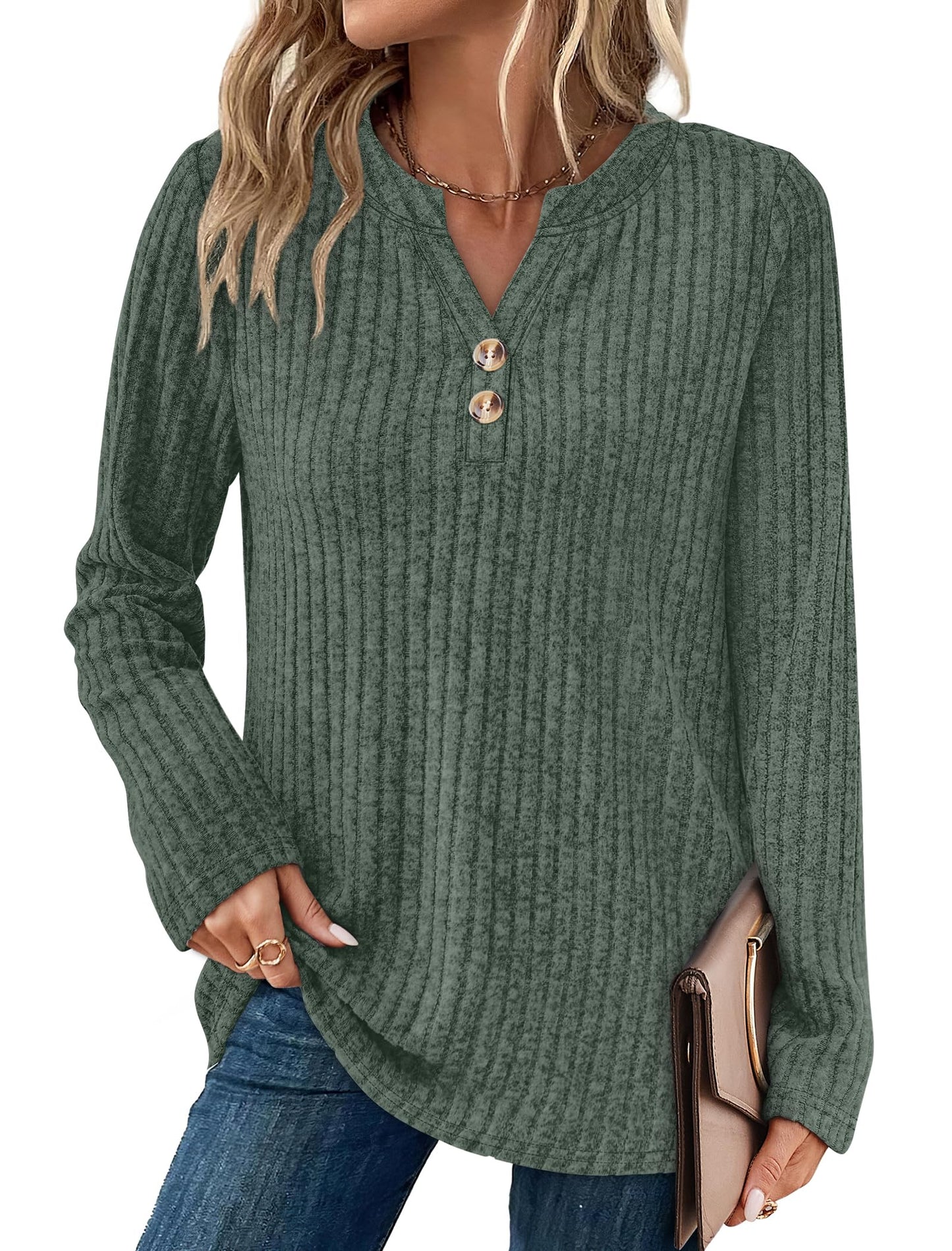 SAMPEEL Womens Sweaters Lightweight Long Sleeve Shirts V Neck Tops with Button Fall Outfits 2025