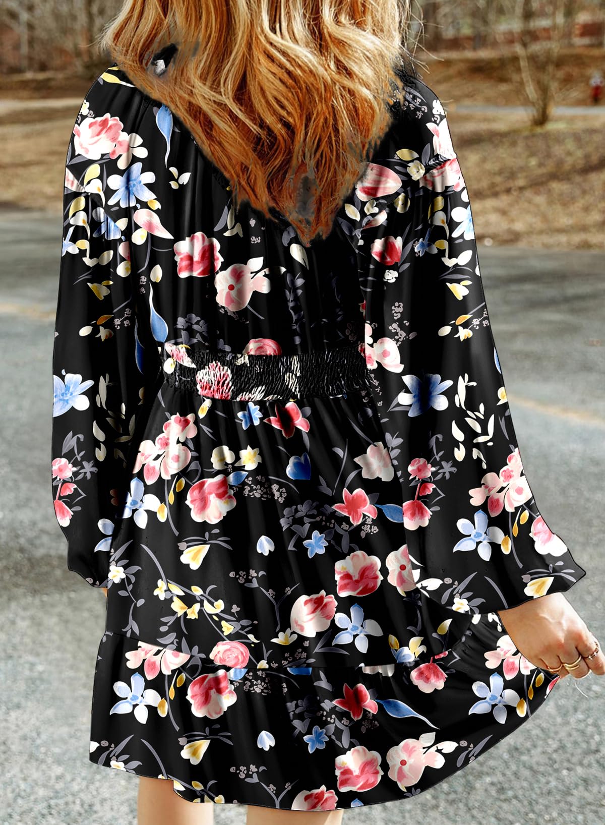 Dokotoo Fall Dresses for Women 2025 Boho Floral V Neck Long Sleeve Smocked Elastic Waist Casual A-Line Mini Dress Sundress