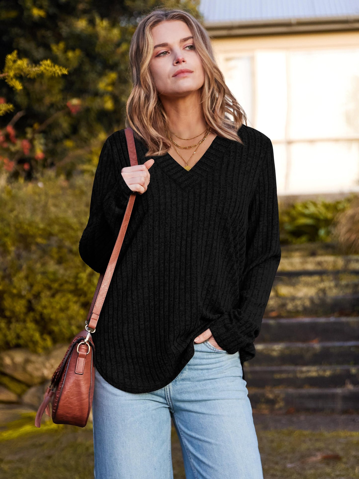 WIHOLL Long Sleeve Shirts for Women V Neck Tops Tunic Fall Winter Sweaters 2025 Clothes