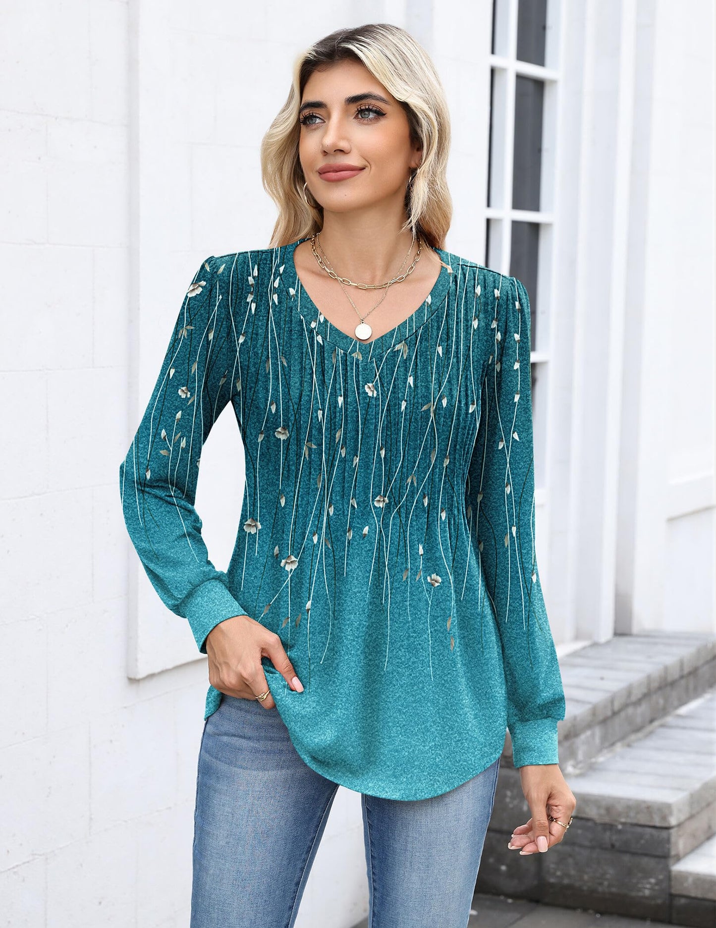 Zeagoo Long Sleeve Shirts for Women Casual V Neck Top Pleated Floral Boho Blouses 2025 Fall Tunics