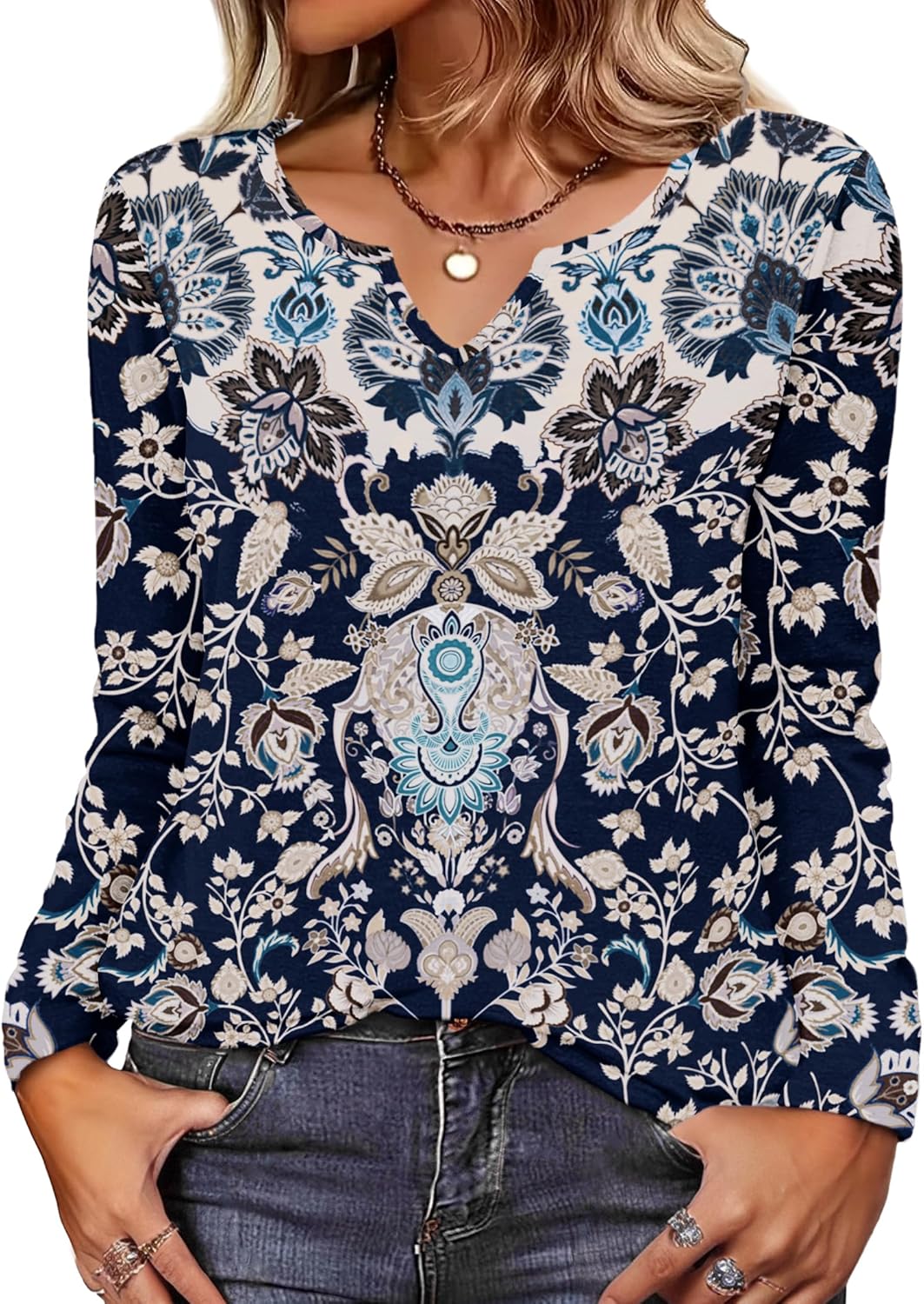 Zeagoo Boho Tops for Women Long Sleeve V Neck Fall Shirt Casual Dressy Blouse Tunic Business Work Clothes School Outfits