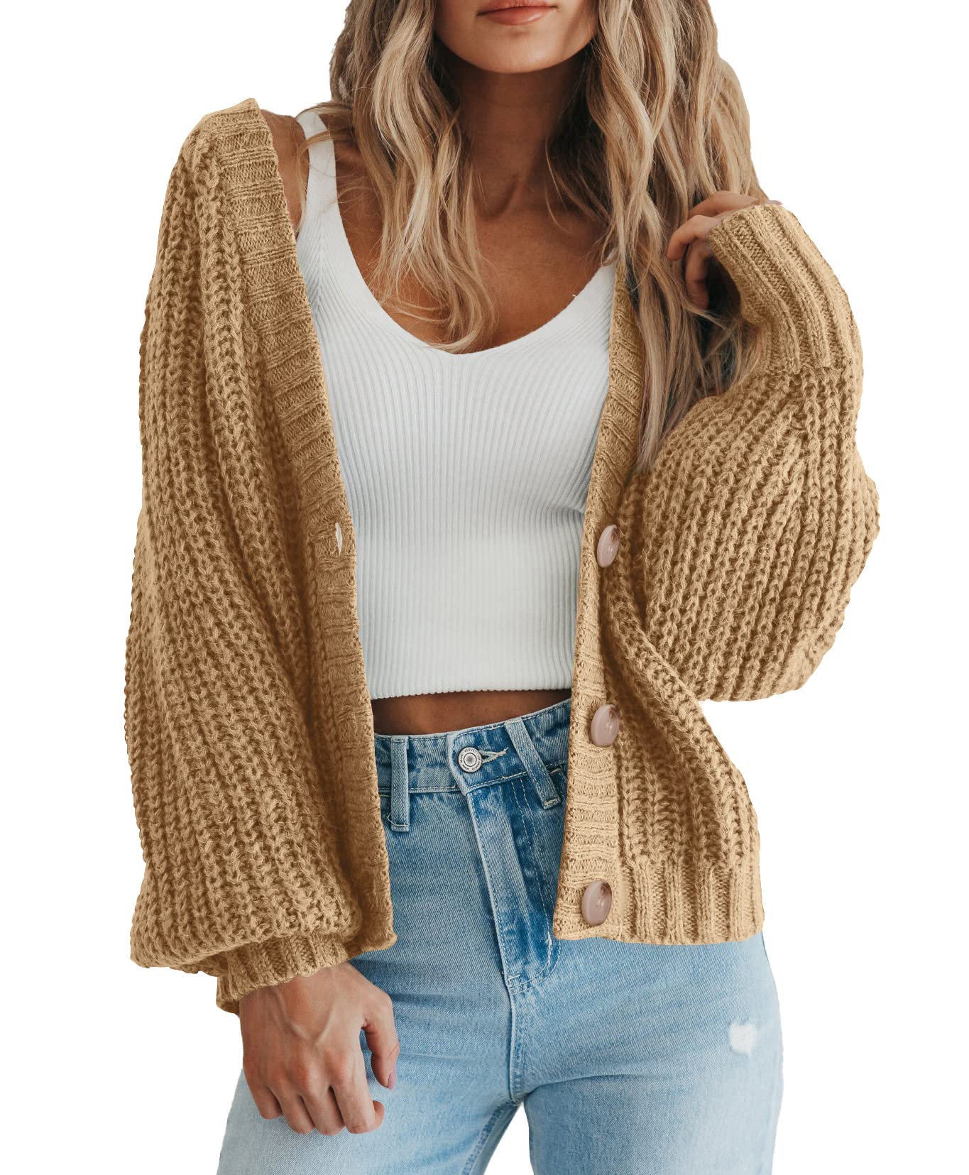 PRETTYGARDEN Women's Chunky Knit Open Front Sweater Long Sleeve Button Loose Short Cardigan Outerwear Coats