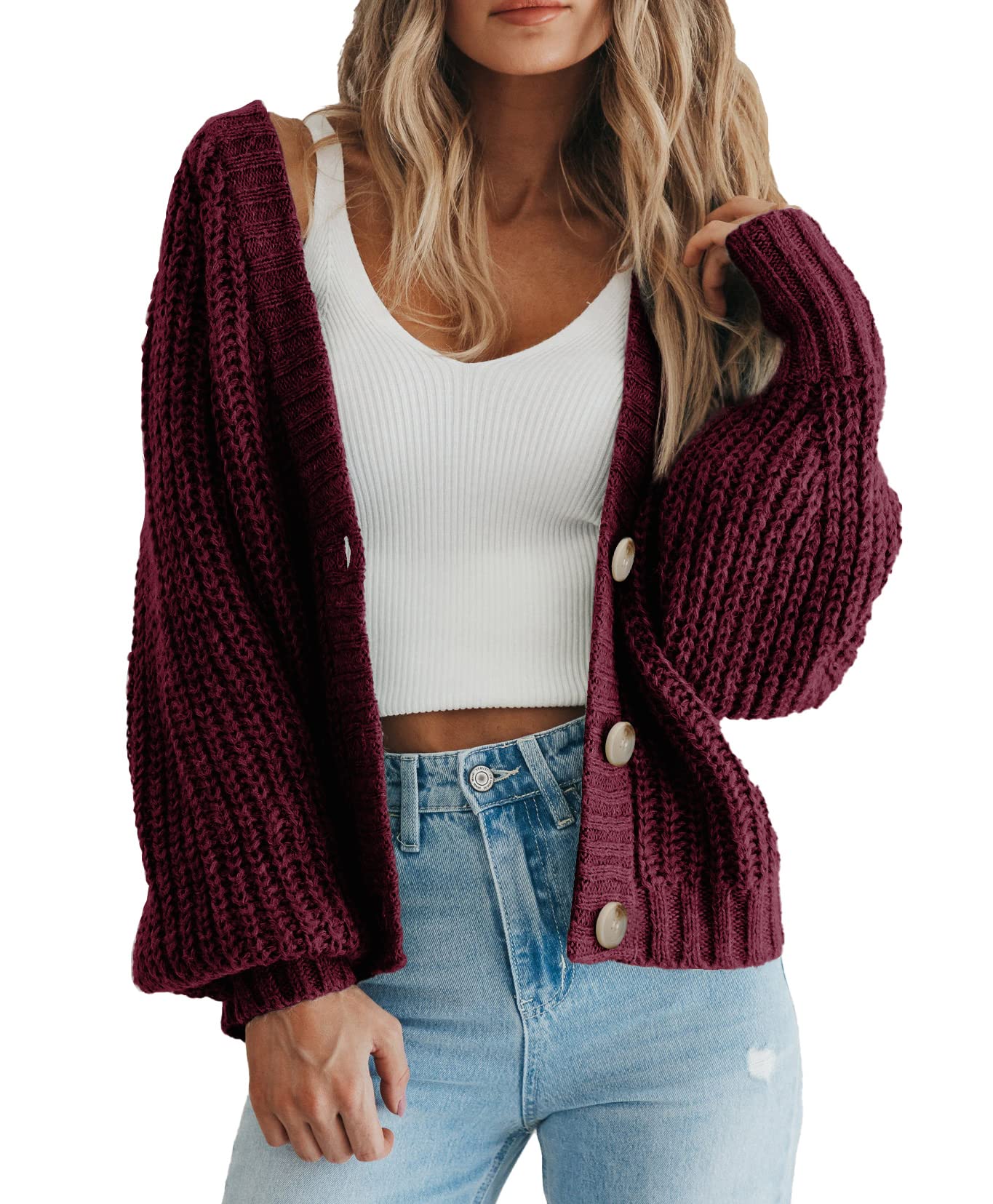 PRETTYGARDEN Women's Chunky Knit Open Front Sweater Long Sleeve Button Loose Short Cardigan Outerwear Coats