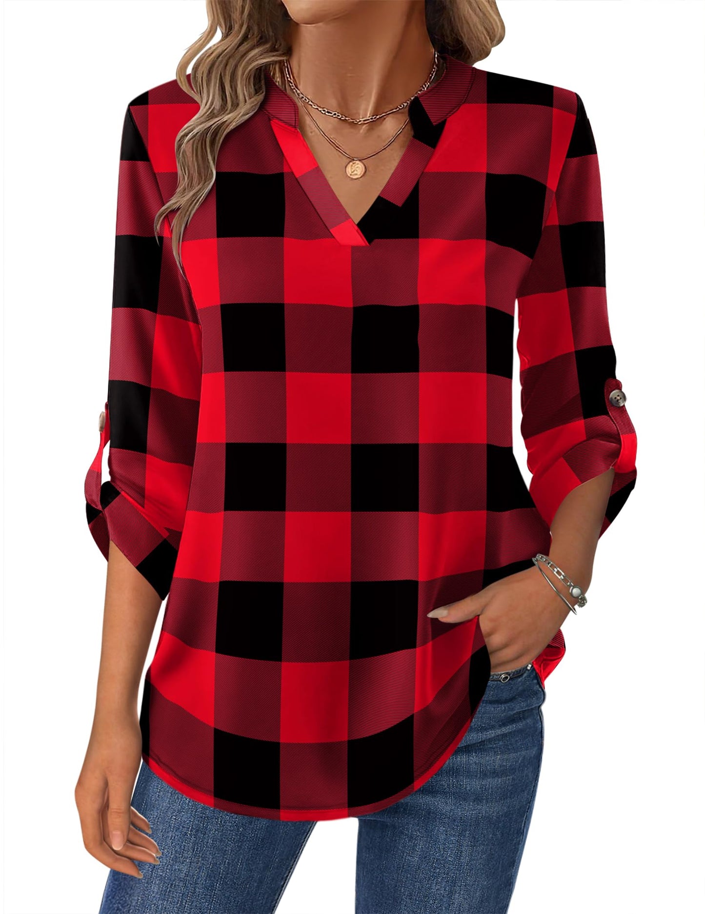 Zeagoo Womens Roll Up Long Sleeve Tops V Neck Shirts Dressy Casual Work Blouses S-2XL