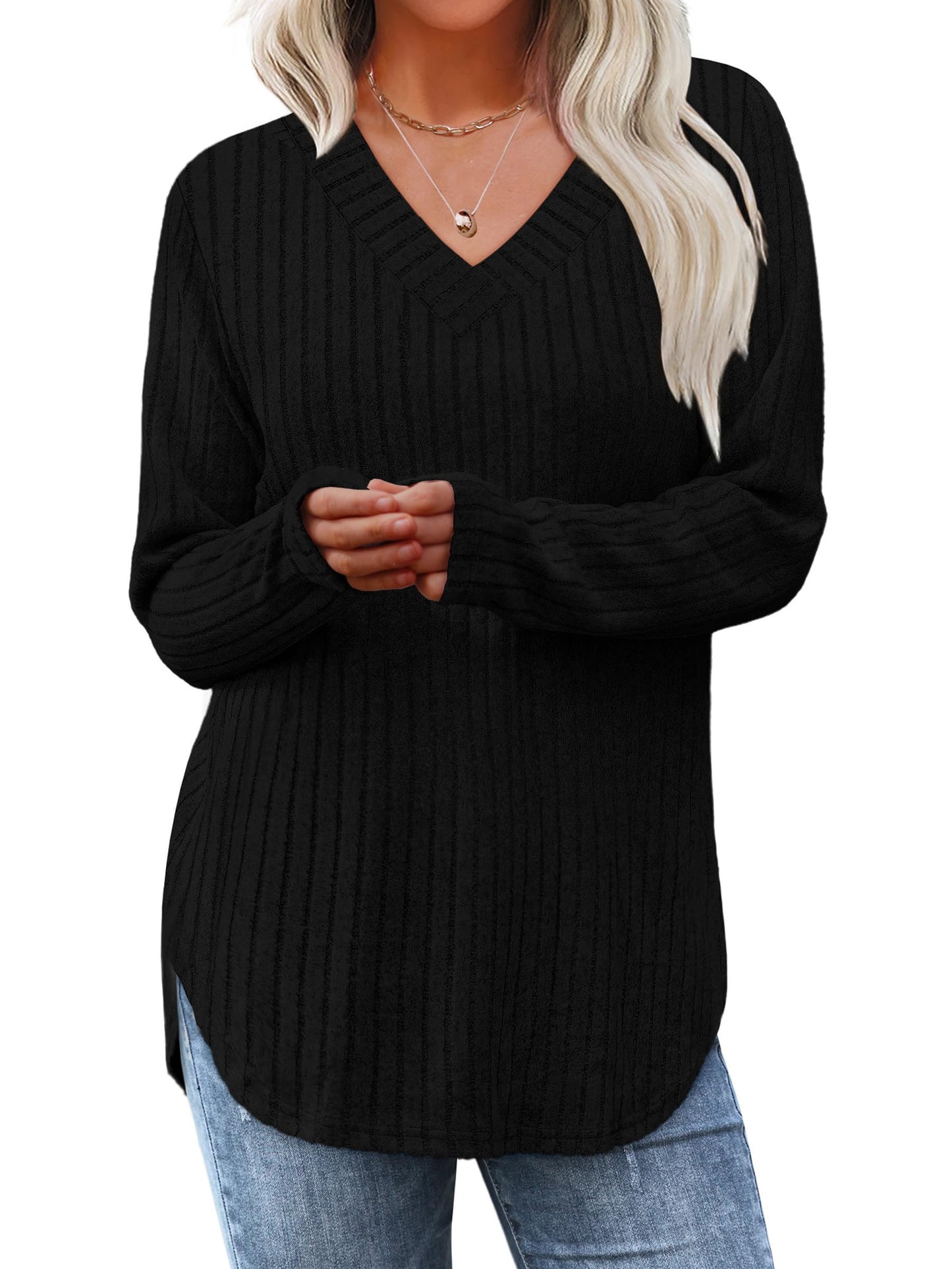 WIHOLL Long Sleeve Shirts for Women V Neck Tops Tunic Fall Winter Sweaters 2025 Clothes