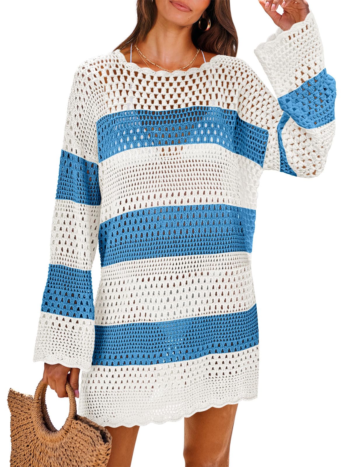 ANRABESS Women Swimsuit Crochet Swim Cover Up 2025 Summer Bathing Suit Swimwear Mesh Knit Beach Dress Vacation Outfits