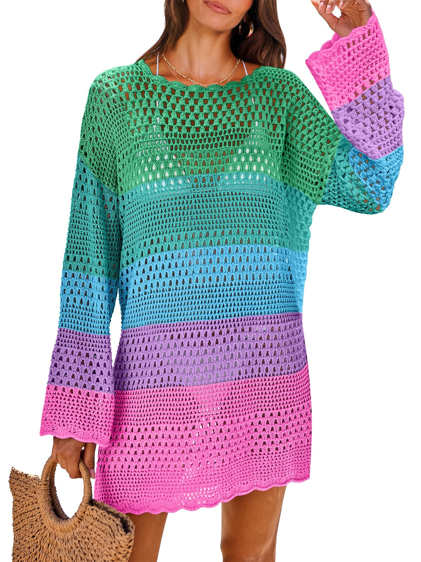 ANRABESS Women Swimsuit Crochet Swim Cover Up 2025 Summer Bathing Suit Swimwear Mesh Knit Beach Dress Vacation Outfits