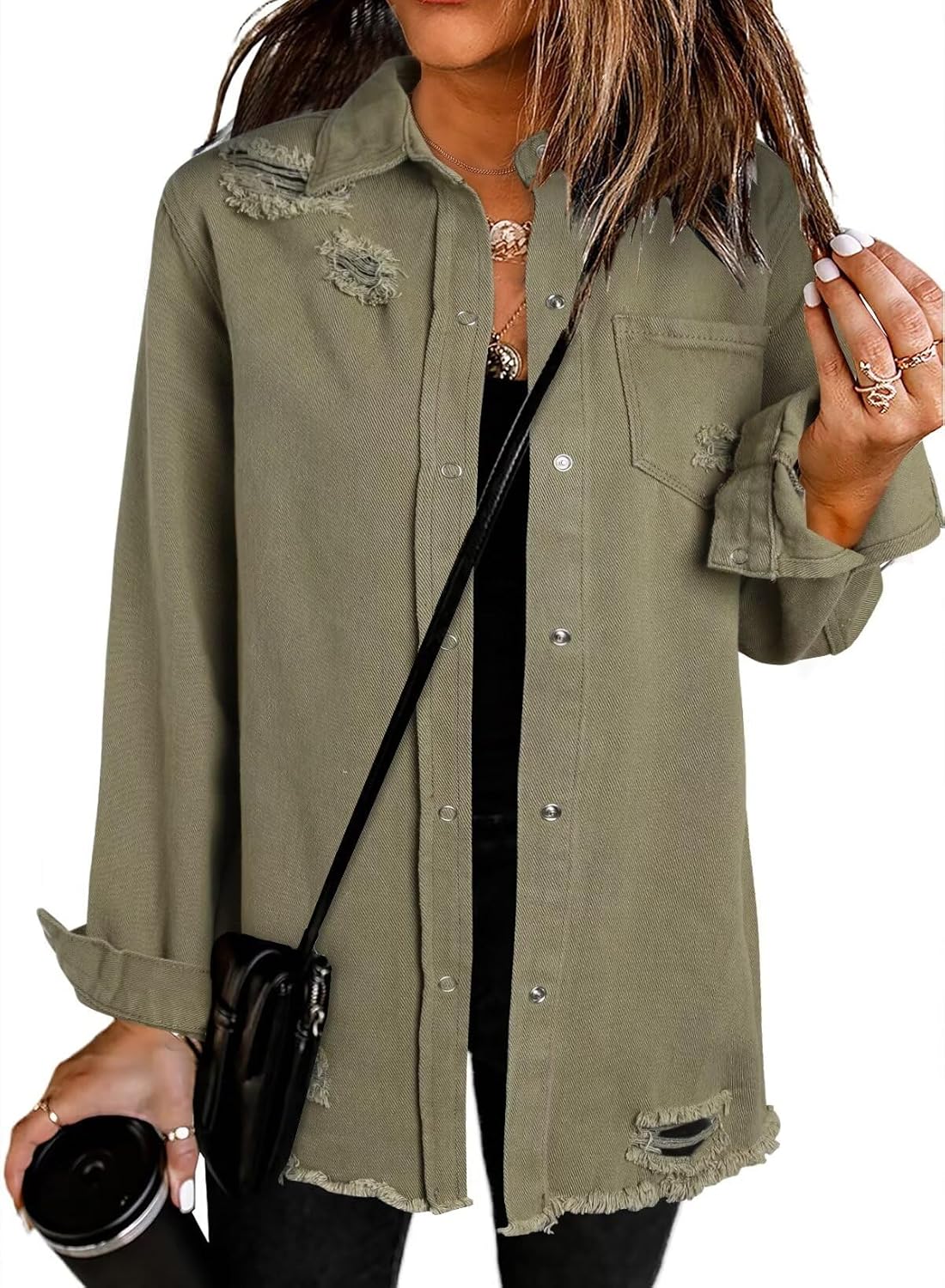 Dokotoo Women's Oversized Denim Jacket Casual Long Sleeve Denim Shirts Distresse Jean Jacket Fall Outfits 2025
