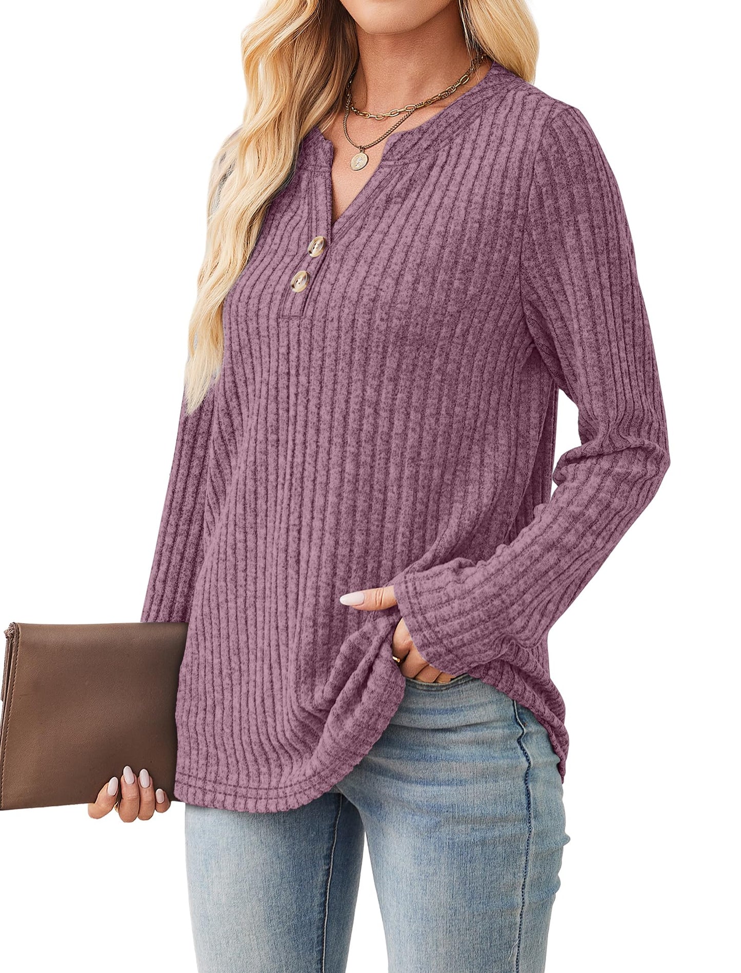 SAMPEEL Womens Sweaters Lightweight Long Sleeve Shirts V Neck Tops with Button Fall Outfits 2025