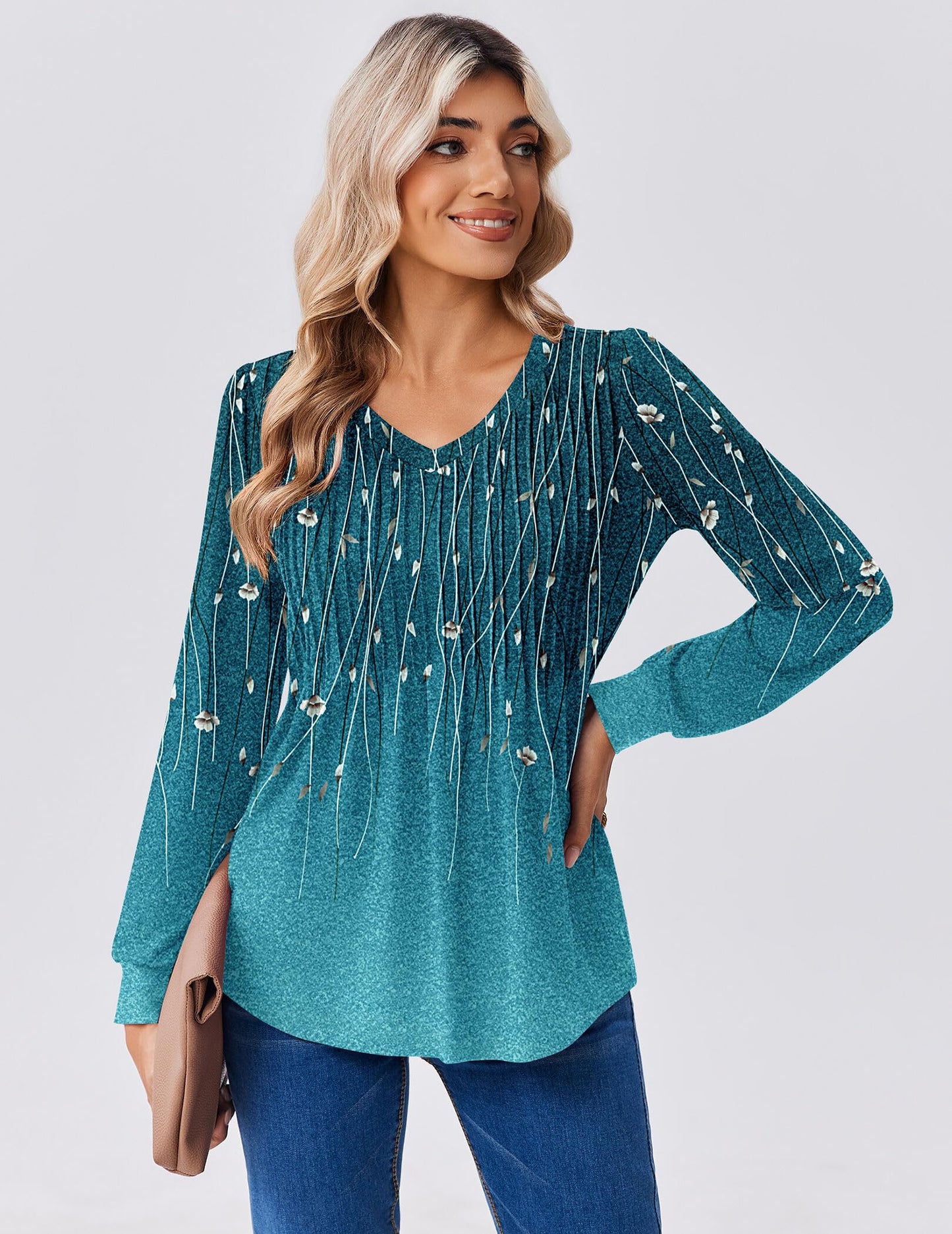 Zeagoo Long Sleeve Shirts for Women Casual V Neck Top Pleated Floral Boho Blouses 2025 Fall Tunics