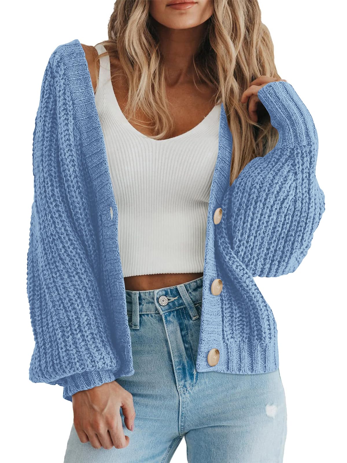 PRETTYGARDEN Women's Chunky Knit Open Front Sweater Long Sleeve Button Loose Short Cardigan Outerwear Coats