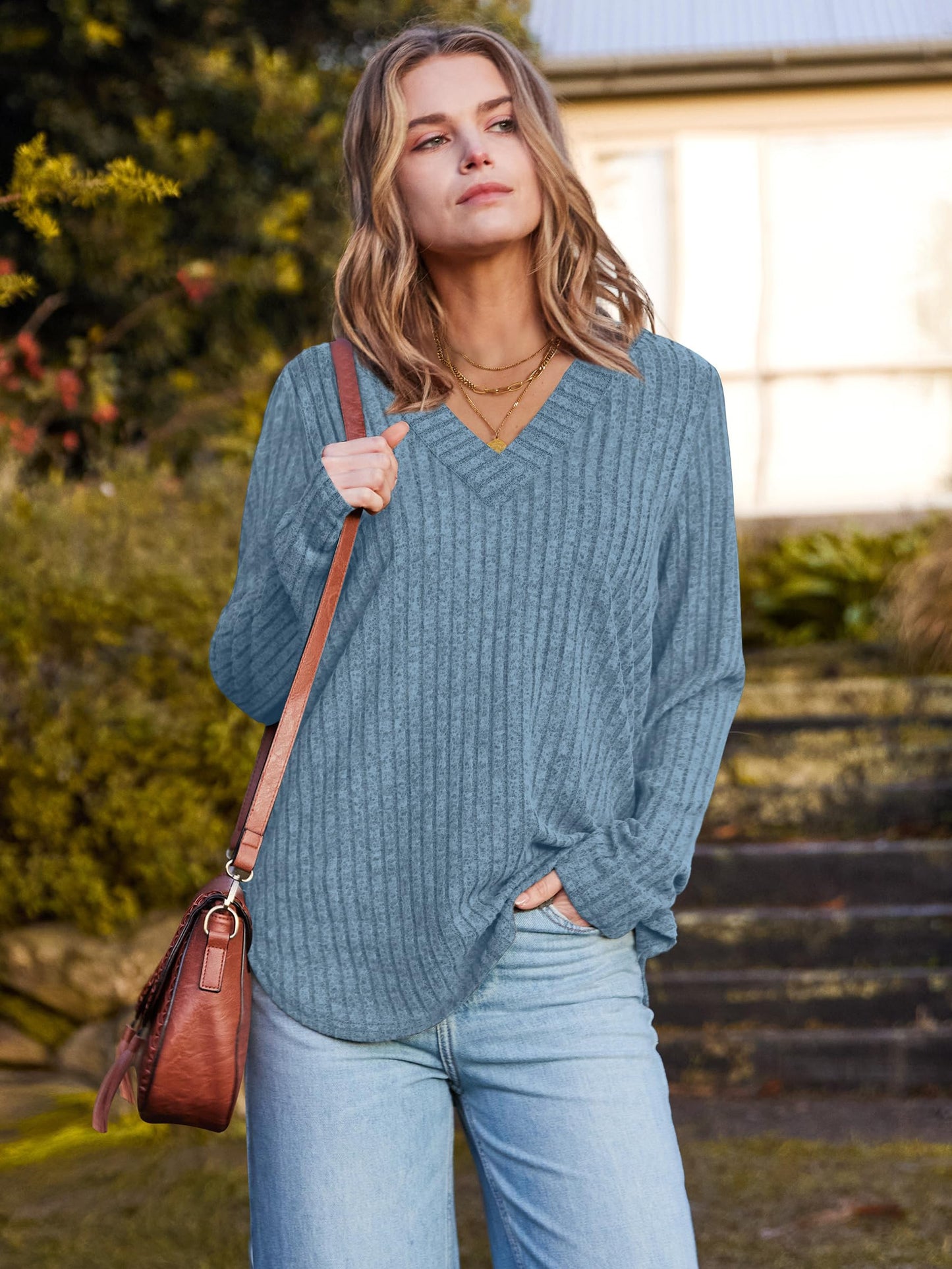 WIHOLL Long Sleeve Shirts for Women V Neck Tops Tunic Fall Winter Sweaters 2025 Clothes