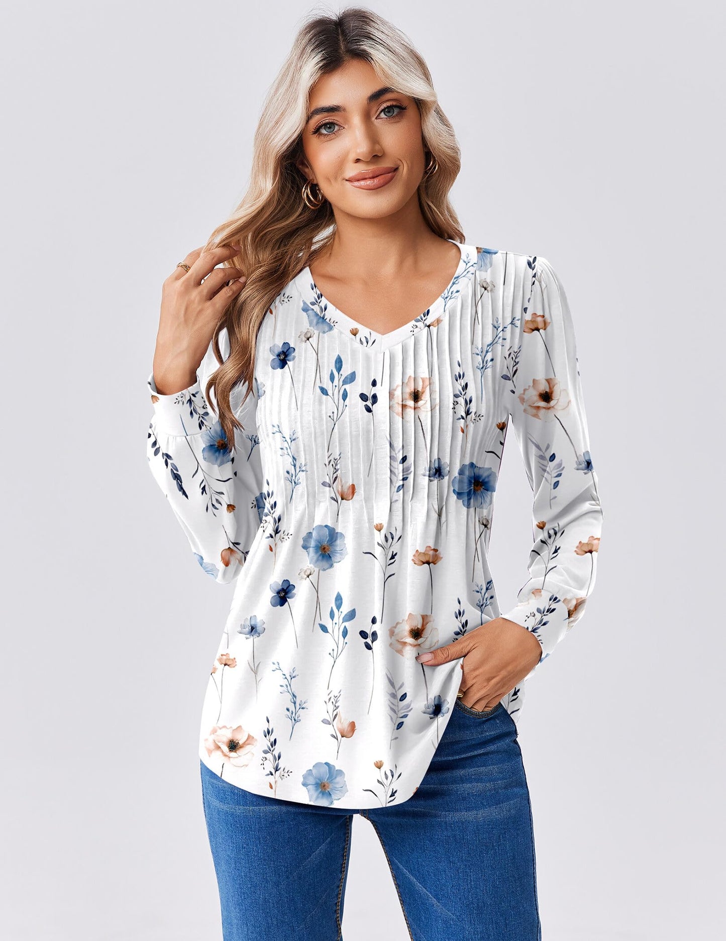 Zeagoo Long Sleeve Shirts for Women Casual V Neck Top Pleated Floral Boho Blouses 2025 Fall Tunics