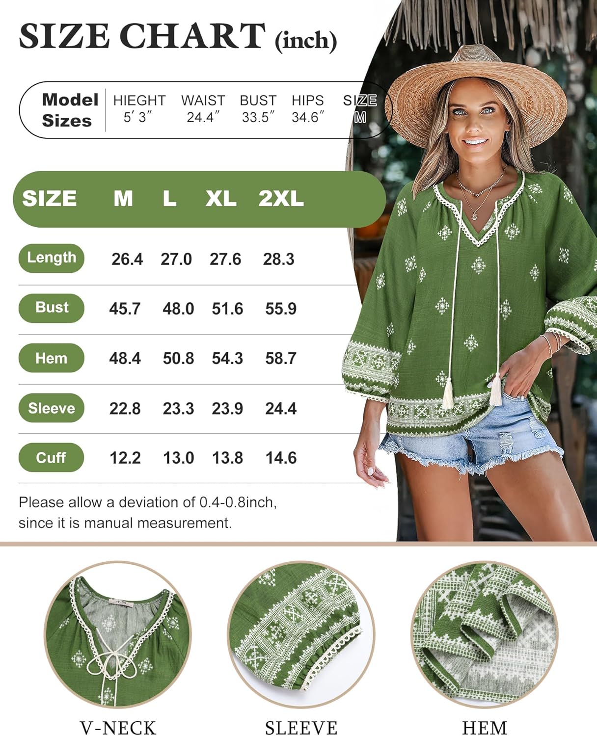 Vivilli Womens Boho Tops Casual V Neck 3/4 Sleeve Blouses Floral Print Shirt Tie Front Flowy Vacation Clothes