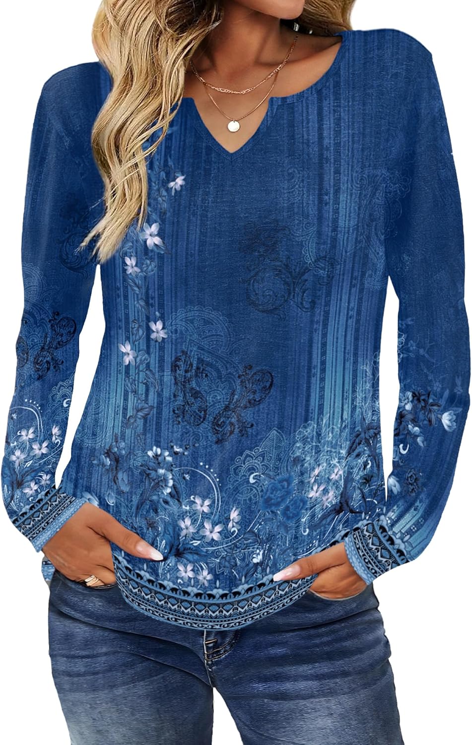 Zeagoo Boho Tops for Women Long Sleeve V Neck Fall Shirt Casual Dressy Blouse Tunic Business Work Clothes School Outfits