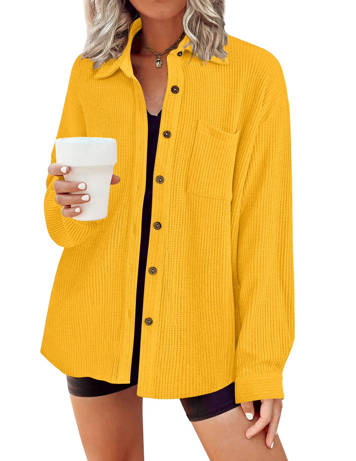 HOTOUCH Waffle Button Down Shirts for Women Dressy Casual Work Shacket V Neck Long Sleeve Lightweight Tops with Pocket