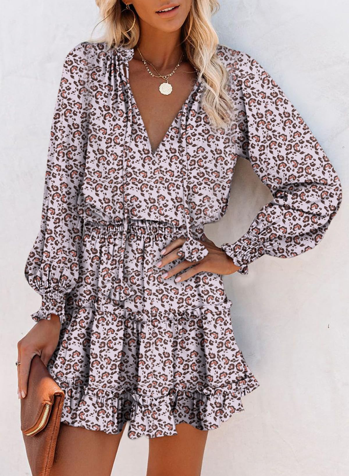 Dokotoo Fall Dresses for Women 2025 Boho Floral Drawstring V Neck Smocked Long Sleeve Ruffle Tiered Chiffon Mini Dress