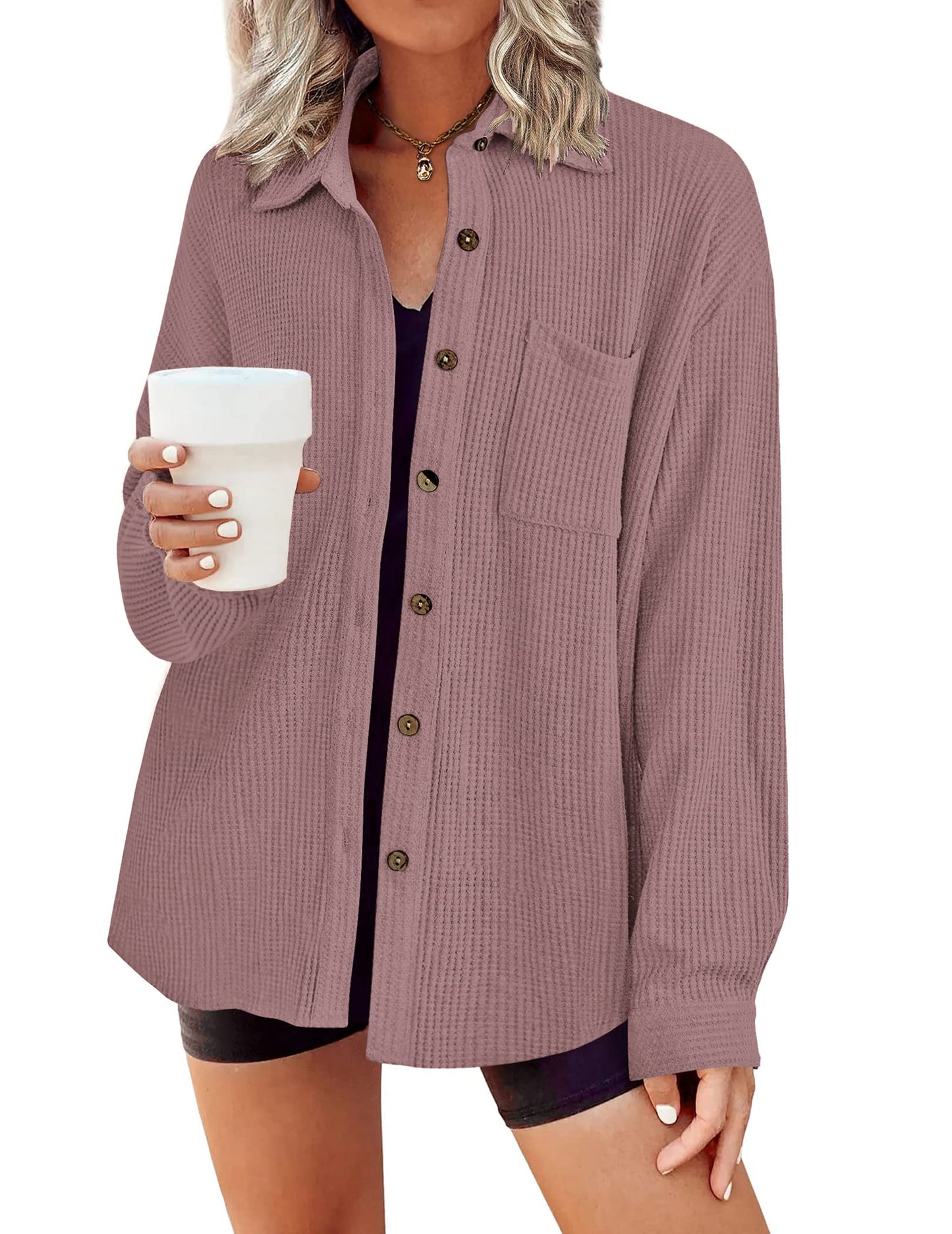 HOTOUCH Waffle Button Down Shirts for Women Dressy Casual Work Shacket V Neck Long Sleeve Lightweight Tops with Pocket