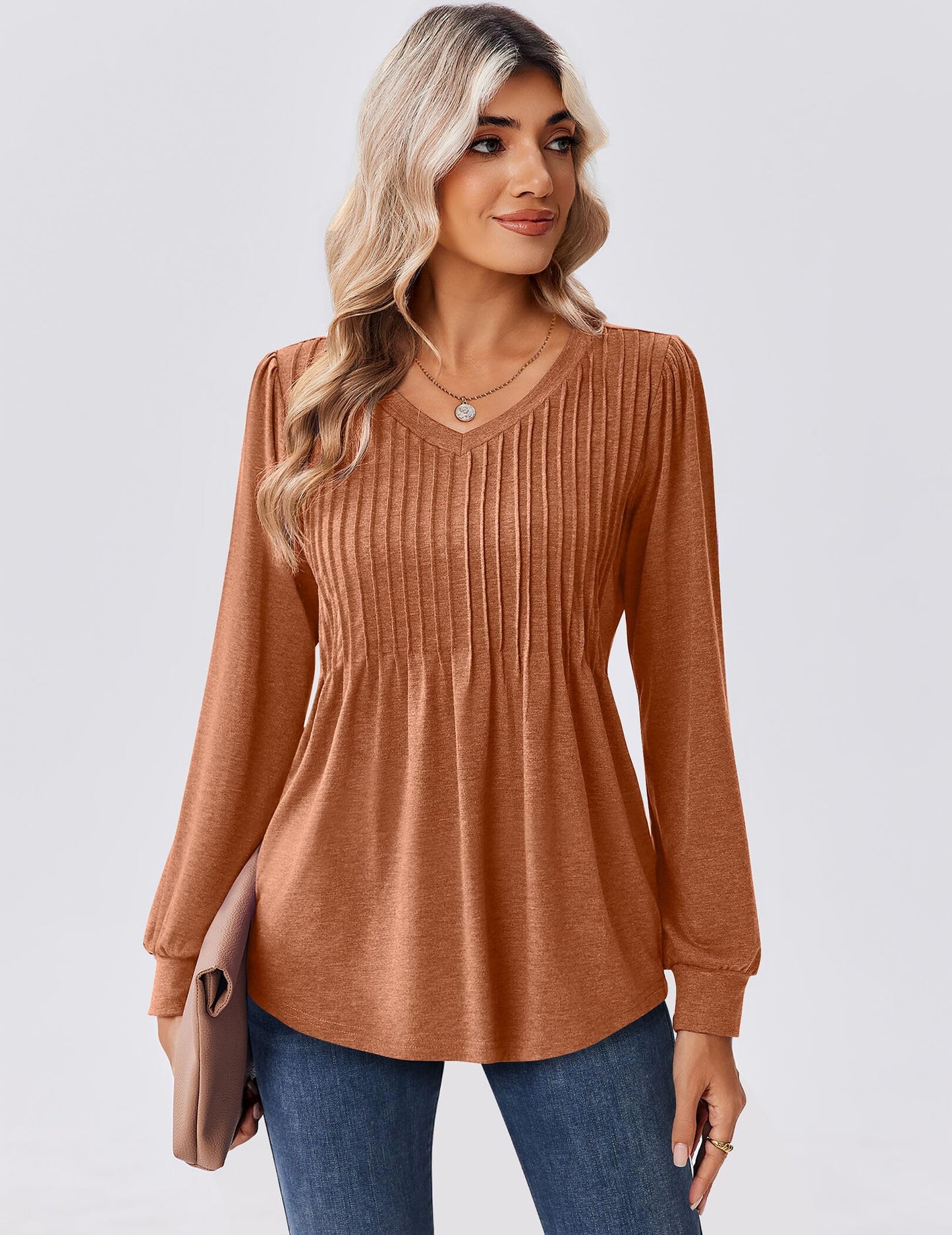 Zeagoo Long Sleeve Shirts for Women Casual V Neck Top Pleated Floral Boho Blouses 2025 Fall Tunics